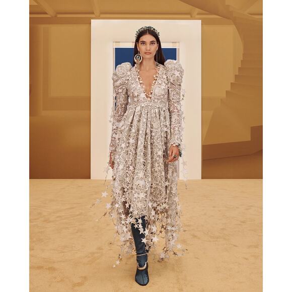 ZIMMERMAN Celestial Zodiac Long Sleeve Lace Midi Dress AUS 1/US 6 Champagne NWT - Picture 8 of 16